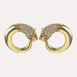Rubies and Diamonds Panthers Heads Gold Earrings