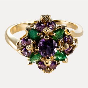 Diamonds, emeralds and amethysts gold ring