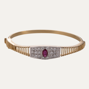 Pulseira rígida em ouro, diamantes e rubi