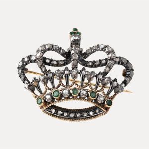 Alfinete "Coroa Real" em prata, ouro, diamantes e esmeraldas