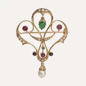 Diamonds, emeralds, rubies, sapphires and pearl gold pendant//brooch