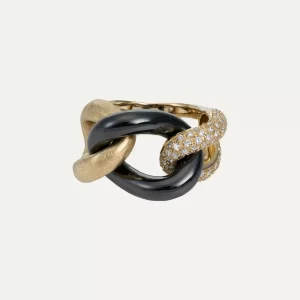 Gold Ring with Diamonds and a Dark Grey Finish Element