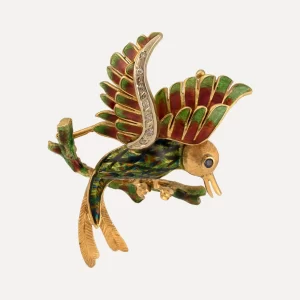 Diamonds, sapphire, gold and enamel bird brooch