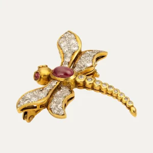 Pregadeira libélula ouro, diamantes e rubis