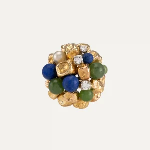Anel em ouro com brilhantes, pérola, lápis-lazúli e jade