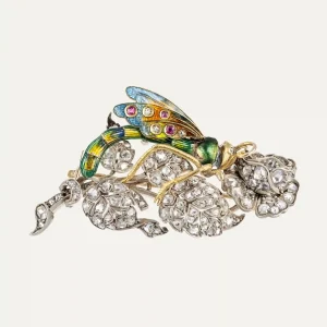 “Insect on Leaf” brooch in gold and silver, set with diamonds and rubies, Austrian, 19th century