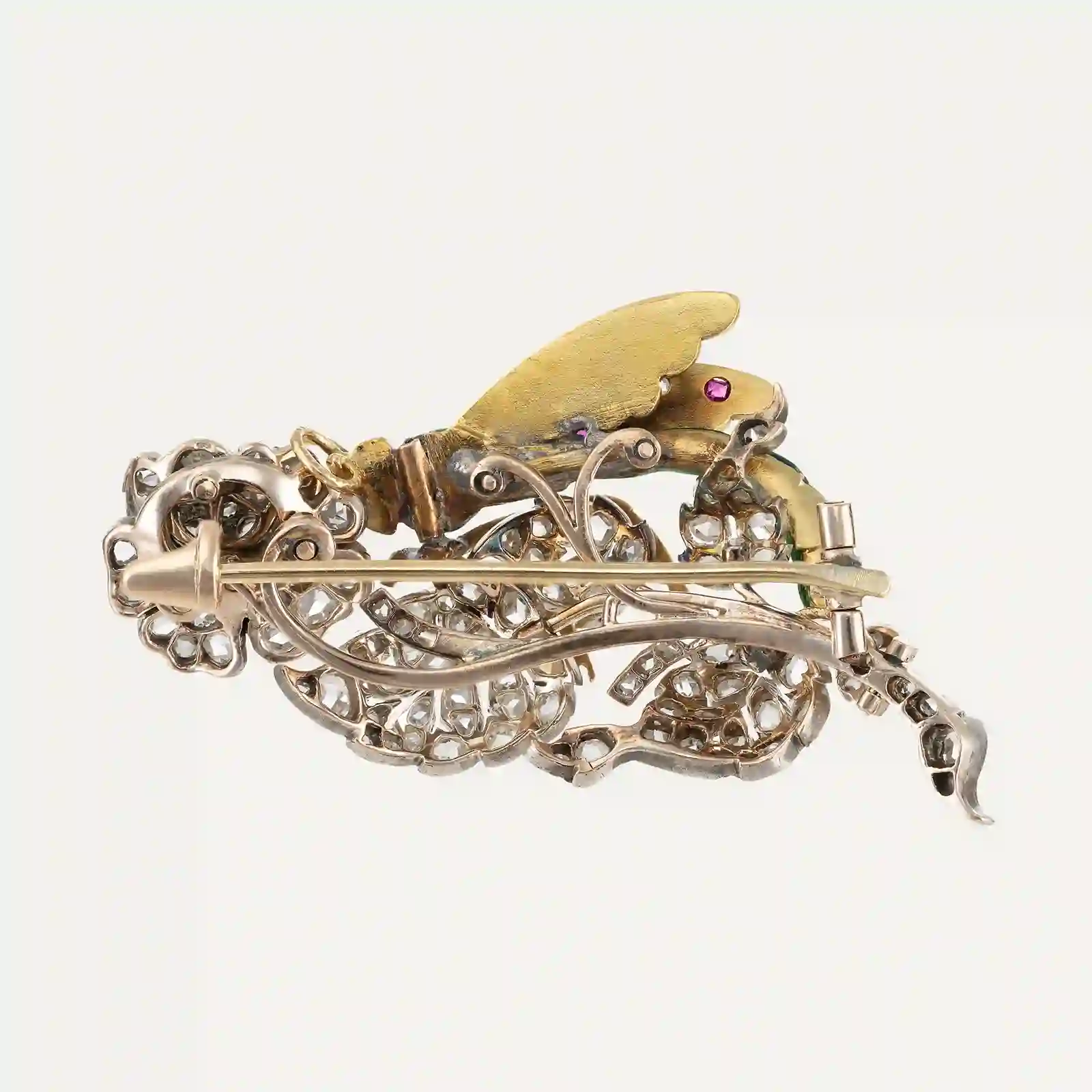 “Insect on Leaf” brooch in gold and silver, set with diamonds and rubies, Austrian, 19th century - Image 2
