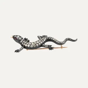Alfinete “Lagarto” em prata, ouro, diamantes e rubis
