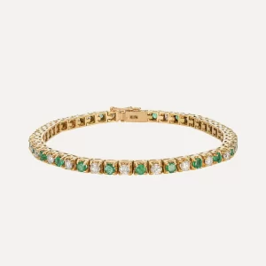 Pulseira em ouro amarelo 19,2 kt com esmeraldas naturais e diamantes intercalados