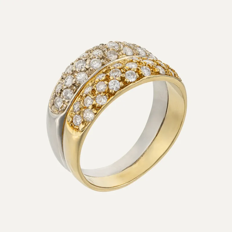 Double two-tone ring in 19.2 kt white and yellow gold with pavé diamonds.