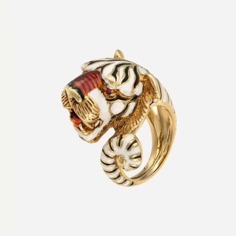 Frascarolo tiger-shaped sculptural ring with enamel and rubies.